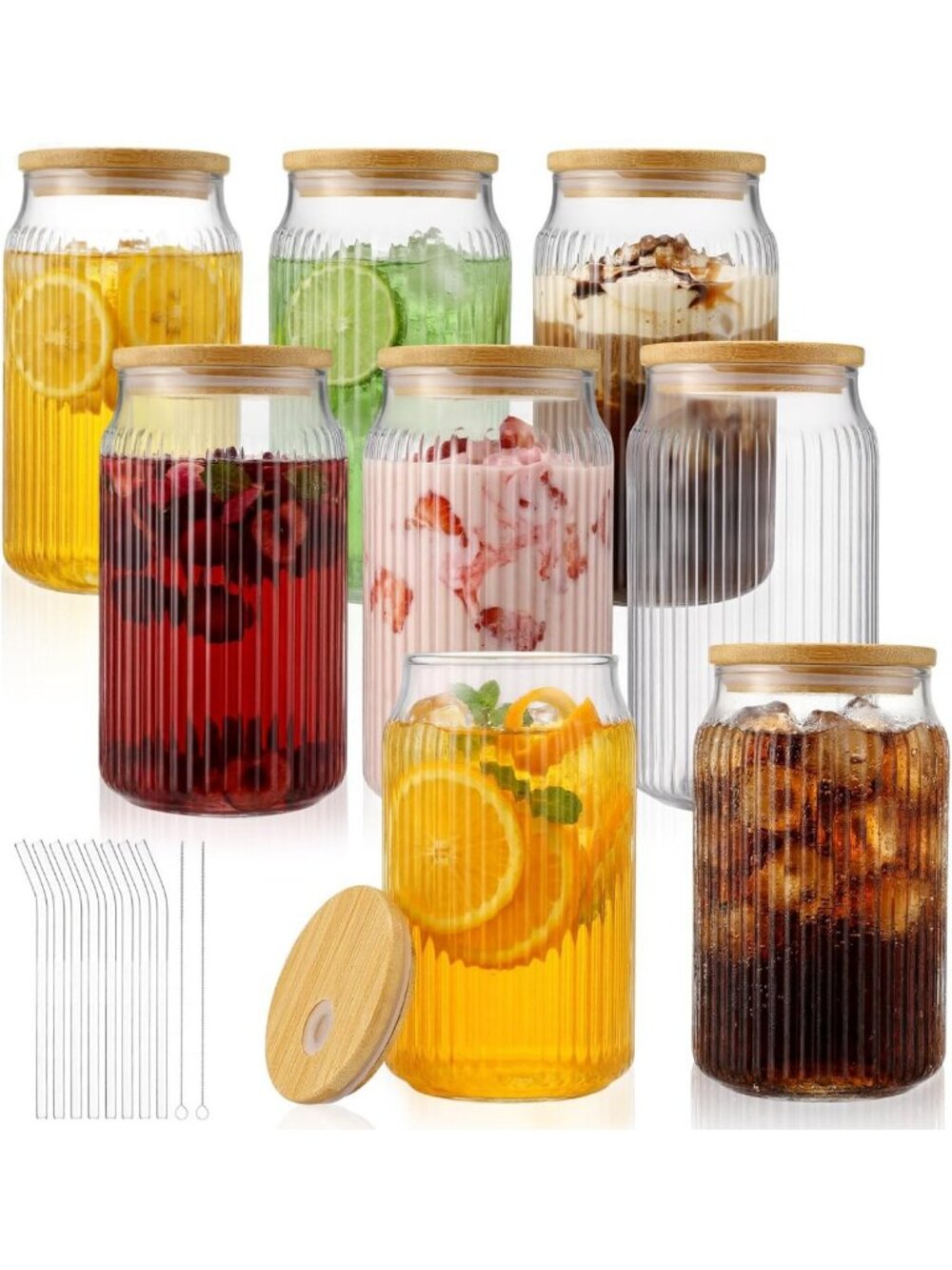 Set of 8 Ribbed Glass Tumblers with Bamboo Lids & Straws - 16oz Drinkware for